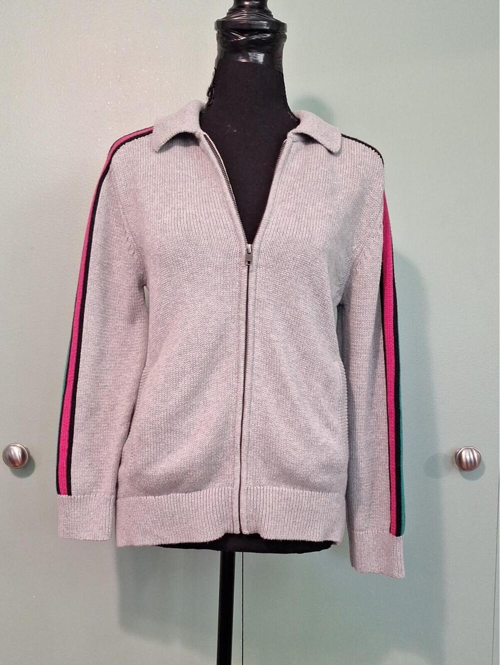 Tea Collection Girls Gray Zip Close Sweater Striped Sleeve Size Xl